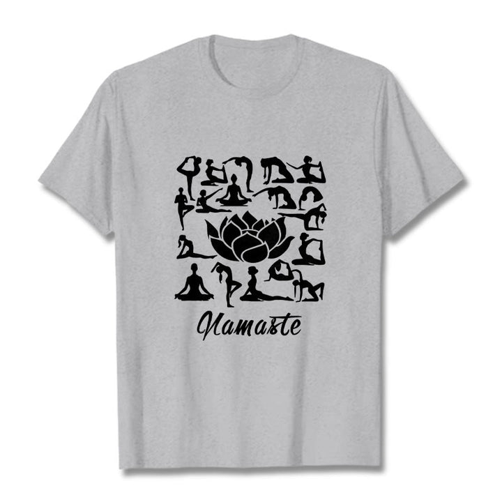 T-shirt décontracté à motifs de fleurs de lotus et de Buddha Stones, diverses postures de yoga - Gris clair - 2XL - image 20