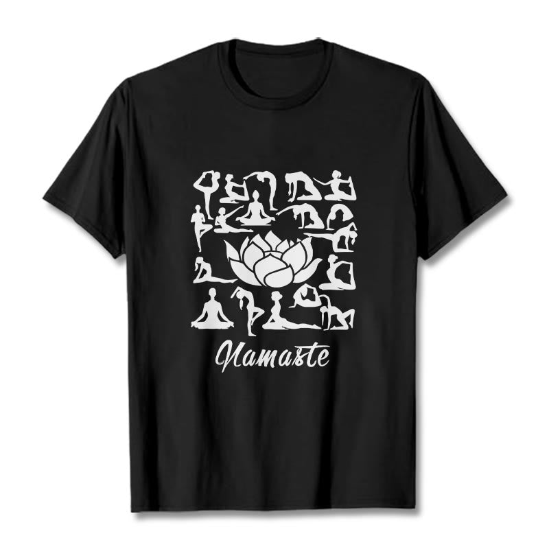 T-shirt décontracté à motifs de fleurs de lotus et de Buddha Stones, diverses postures de yoga - Noir - 2XL - image 4