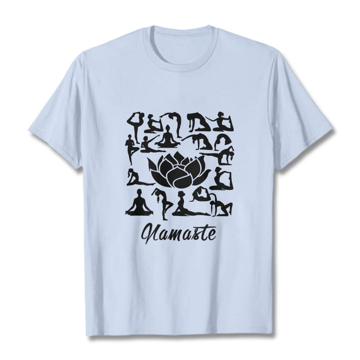 T-shirt décontracté à motifs de fleurs de lotus et de Buddha Stones, diverses postures de yoga - Cyan clair - 2XL - image 19