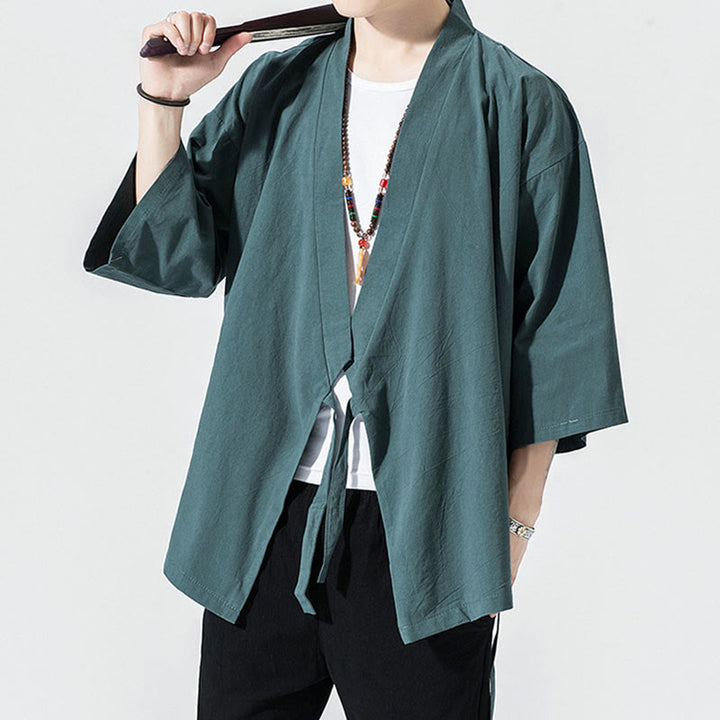 Costume Tang Buddha Stones, veste ouverte sur le devant, kimono à manches trois-quarts en coton et lin pour homme - image 2