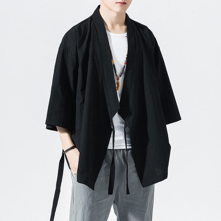 Costume Tang Buddha Stones, veste ouverte sur le devant, kimono à manches trois-quarts en coton et lin pour homme - Noir - US/UK/AU48，EU58(5XL) - image 10