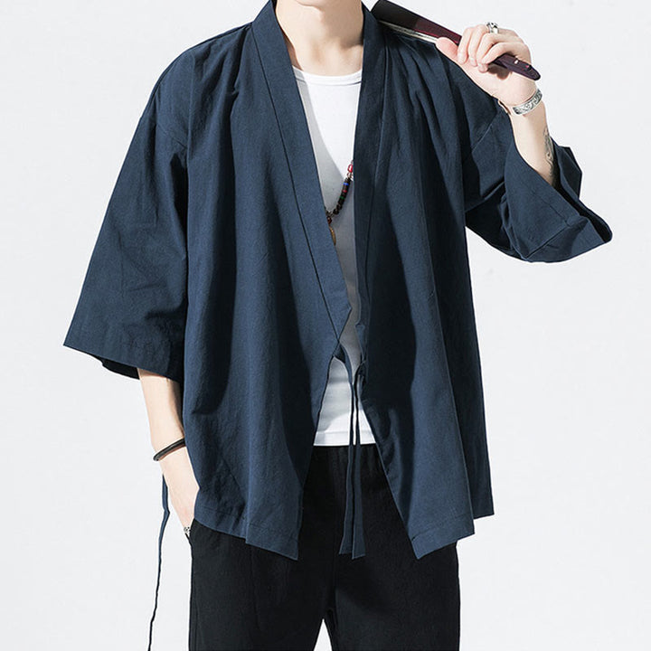 Costume Tang Buddha Stones, veste ouverte sur le devant, kimono à manches trois-quarts en coton et lin pour homme - image 9