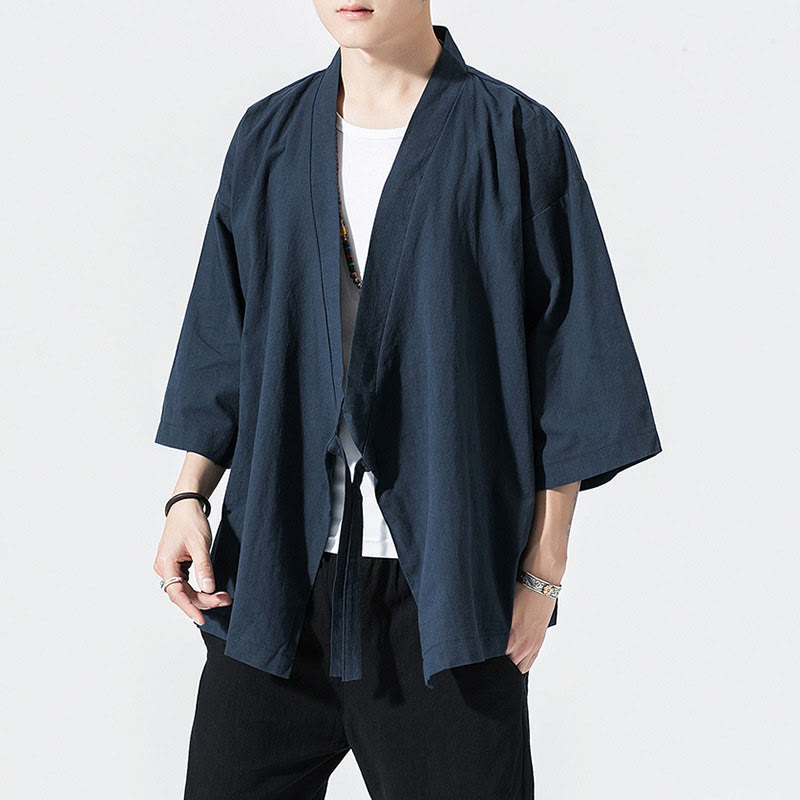 Costume Tang Buddha Stones, veste ouverte sur le devant, kimono à manches trois-quarts en coton et lin pour homme - Bleu nuit - US/UK/AU48，EU58(5XL) - image 7