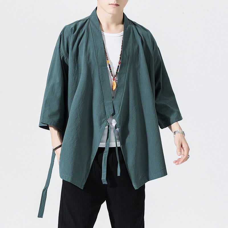 Costume Tang Buddha Stones, veste ouverte sur le devant, kimono à manches trois-quarts en coton et lin pour homme - Cyan foncé - US/UK/AU48，EU58(5XL) - image 1