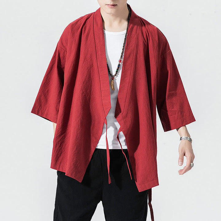 Costume Tang Buddha Stones, veste ouverte sur le devant, kimono à manches trois-quarts en coton et lin pour homme - Cramoisi - US/UK/AU48，EU58(5XL) - image 4