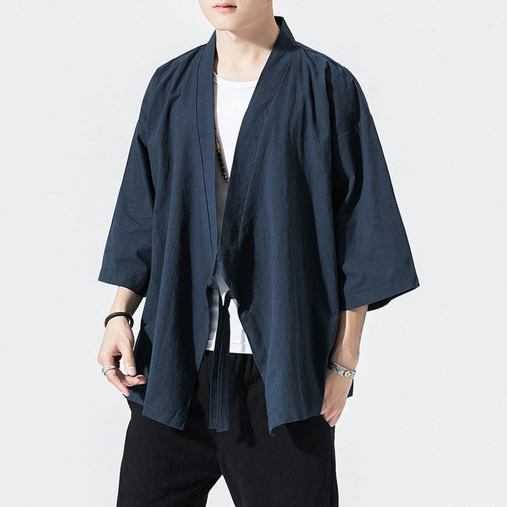 Costume Tang Buddha Stones, veste ouverte sur le devant, kimono à manches trois-quarts en coton et lin pour homme - Bleu nuit - US/UK/AU48，EU58(5XL) - image 6