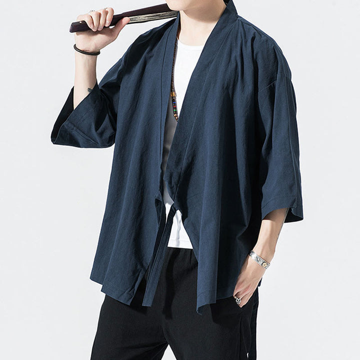 Costume Tang Buddha Stones, veste ouverte sur le devant, kimono à manches trois-quarts en coton et lin pour homme - image 8