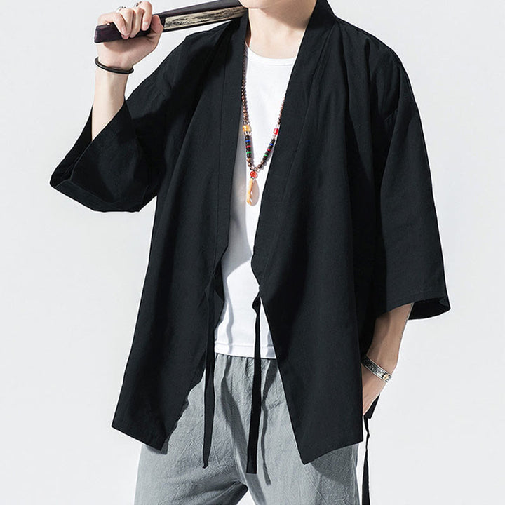 Costume Tang Buddha Stones, veste ouverte sur le devant, kimono à manches trois-quarts en coton et lin pour homme - image 13
