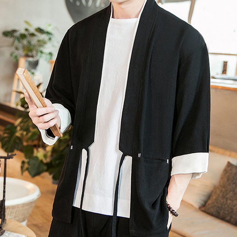 Veste kimono ouverte sur le devant en coton et lin avec poches et motif Buddha Stones