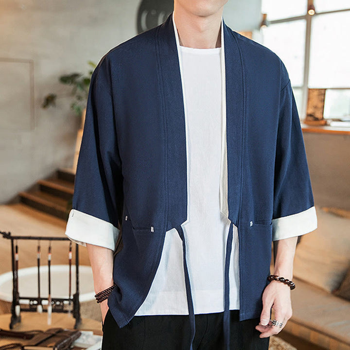 Veste kimono ouverte sur le devant en coton et lin avec poches et motif Buddha Stones