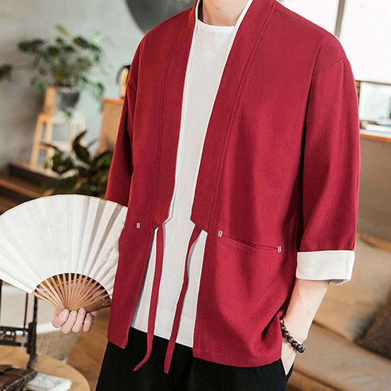 Veste kimono ouverte sur le devant en coton et lin avec poches et motif Buddha Stones