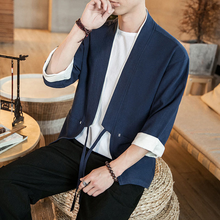 Veste kimono à lacets en coton et lin pour homme, motif Buddha Stones, manches trois-quarts et poches - image 5