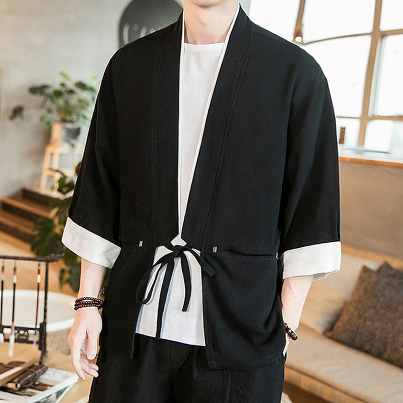 Veste kimono à lacets en coton et lin pour homme, motif Buddha Stones, manches trois-quarts et poches - Noir - US/UK/AU46，EU56 (5XL) - image 8