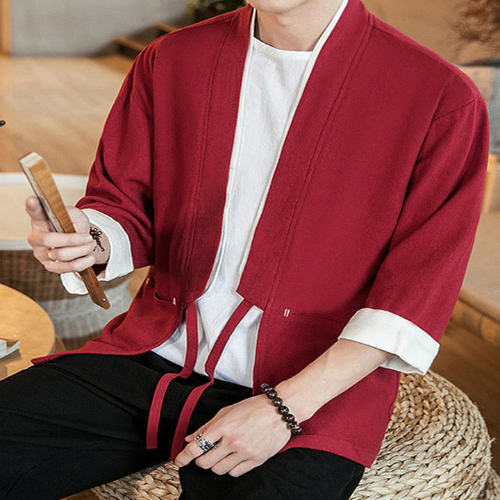 Veste kimono ouverte sur le devant en coton et lin avec poches et motif Buddha Stones