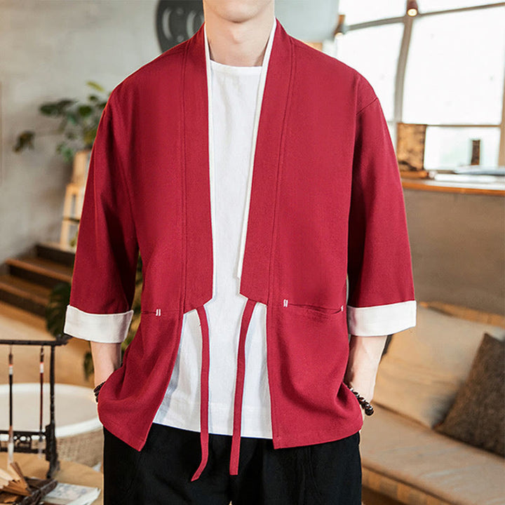 Veste kimono ouverte sur le devant en coton et lin avec poches et motif Buddha Stones