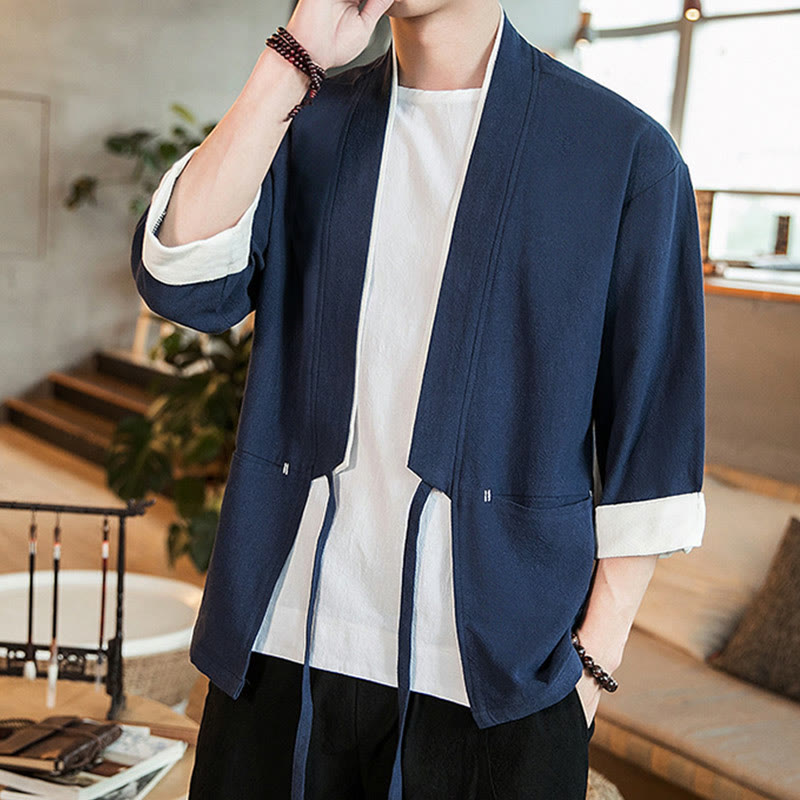 Veste kimono à lacets en coton et lin pour homme, motif Buddha Stones, manches trois-quarts et poches - image 1