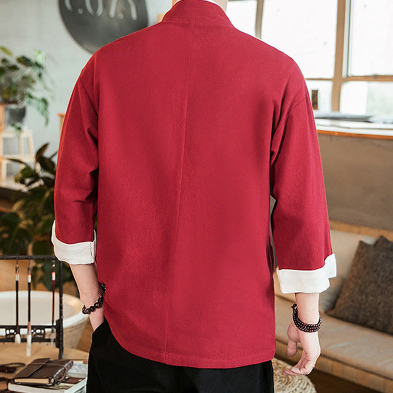 Veste kimono ouverte sur le devant en coton et lin avec poches et motif Buddha Stones