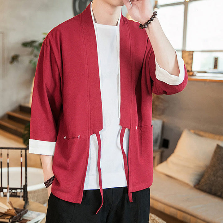 Veste kimono ouverte sur le devant en coton et lin avec poches et motif Buddha Stones