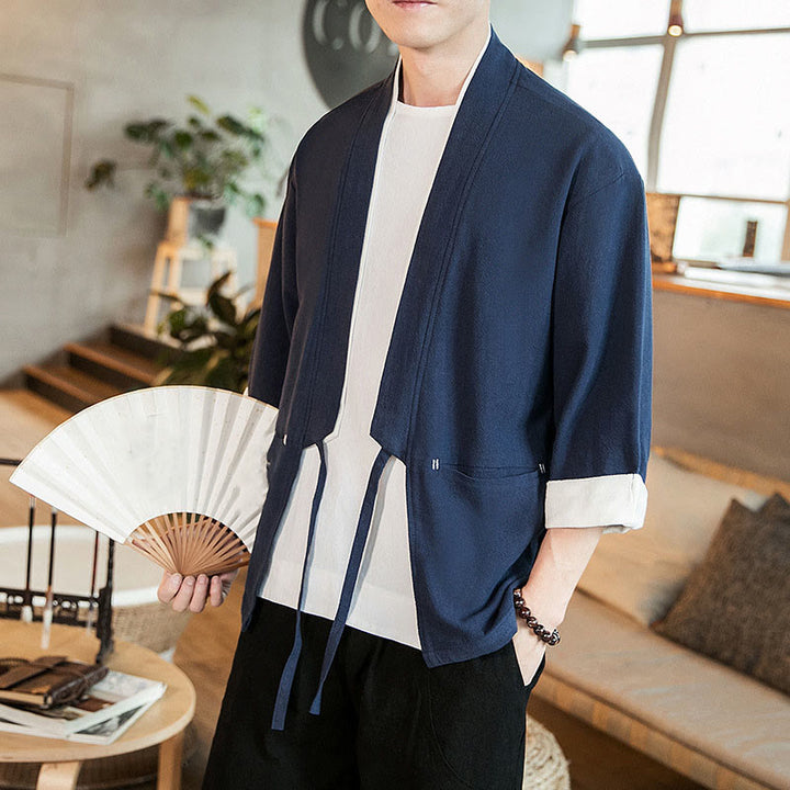 Veste kimono ouverte sur le devant en coton et lin avec poches et motif Buddha Stones