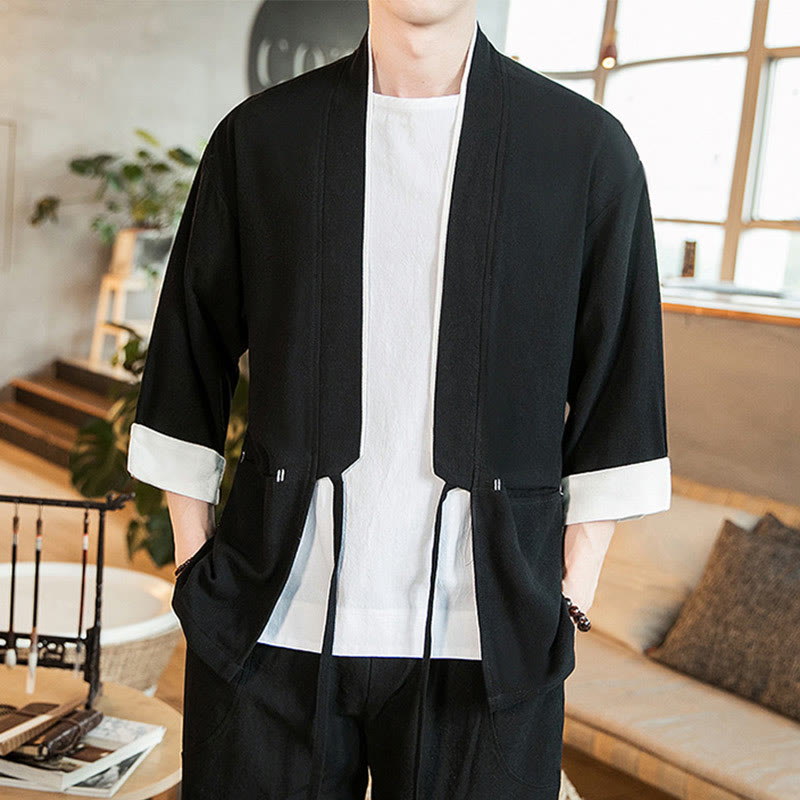 Veste kimono ouverte sur le devant en coton et lin avec poches et motif Buddha Stones
