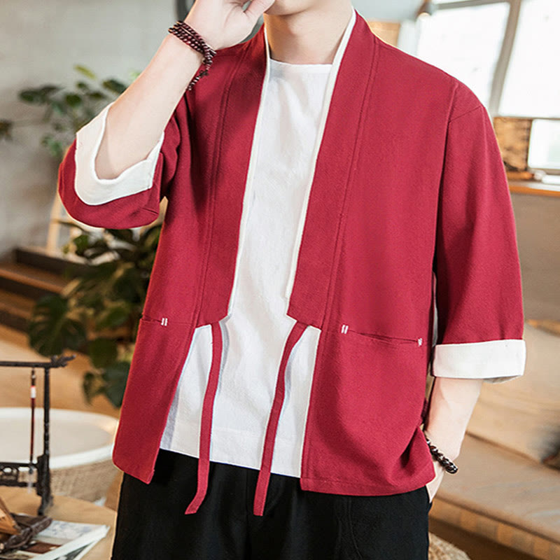 Veste kimono ouverte sur le devant en coton et lin avec poches et motif Buddha Stones