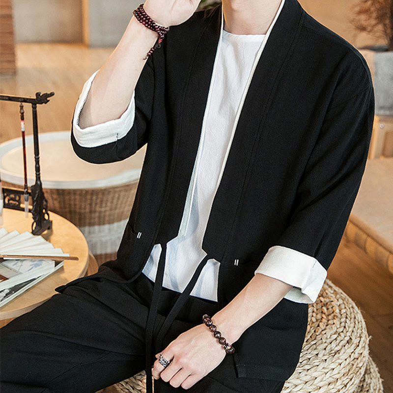 Veste kimono ouverte sur le devant en coton et lin avec poches et motif Buddha Stones