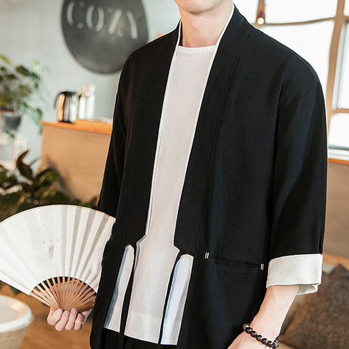 Veste kimono ouverte sur le devant en coton et lin avec poches et motif Buddha Stones