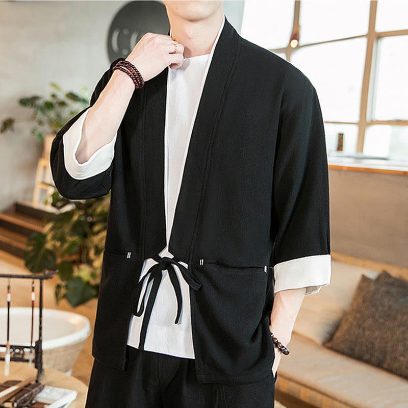 Veste kimono ouverte sur le devant en coton et lin avec poches et motif Buddha Stones