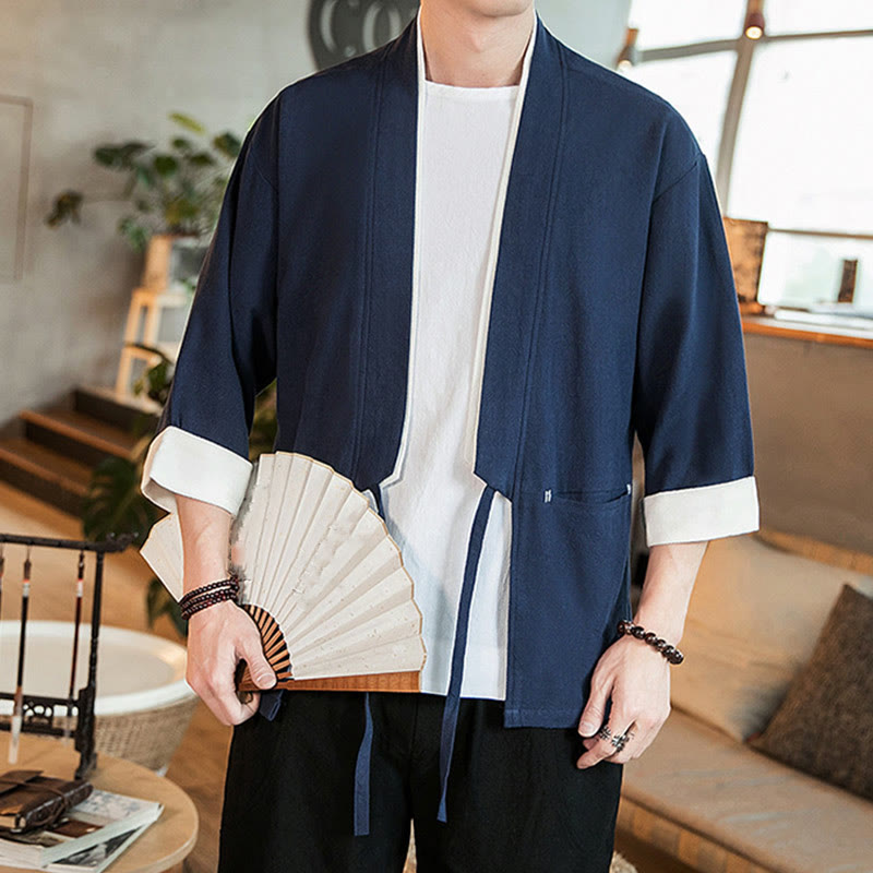Veste kimono ouverte sur le devant en coton et lin avec poches et motif Buddha Stones