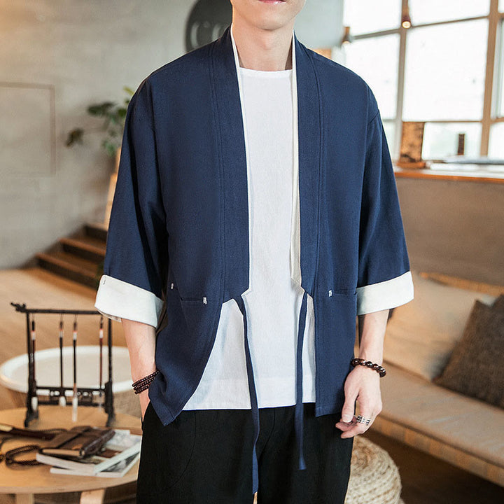 Veste kimono ouverte sur le devant en coton et lin avec poches et motif Buddha Stones