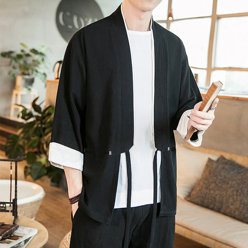 Veste kimono ouverte sur le devant en coton et lin avec poches et motif Buddha Stones