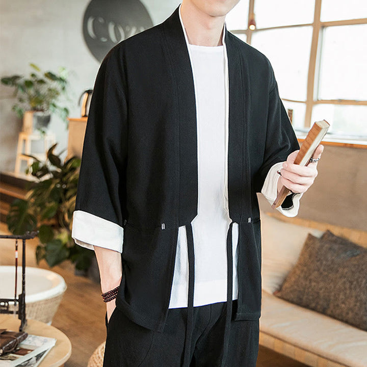 Veste kimono ouverte sur le devant en coton et lin avec poches et motif Buddha Stones