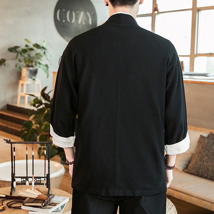 Veste kimono ouverte sur le devant en coton et lin avec poches et motif Buddha Stones