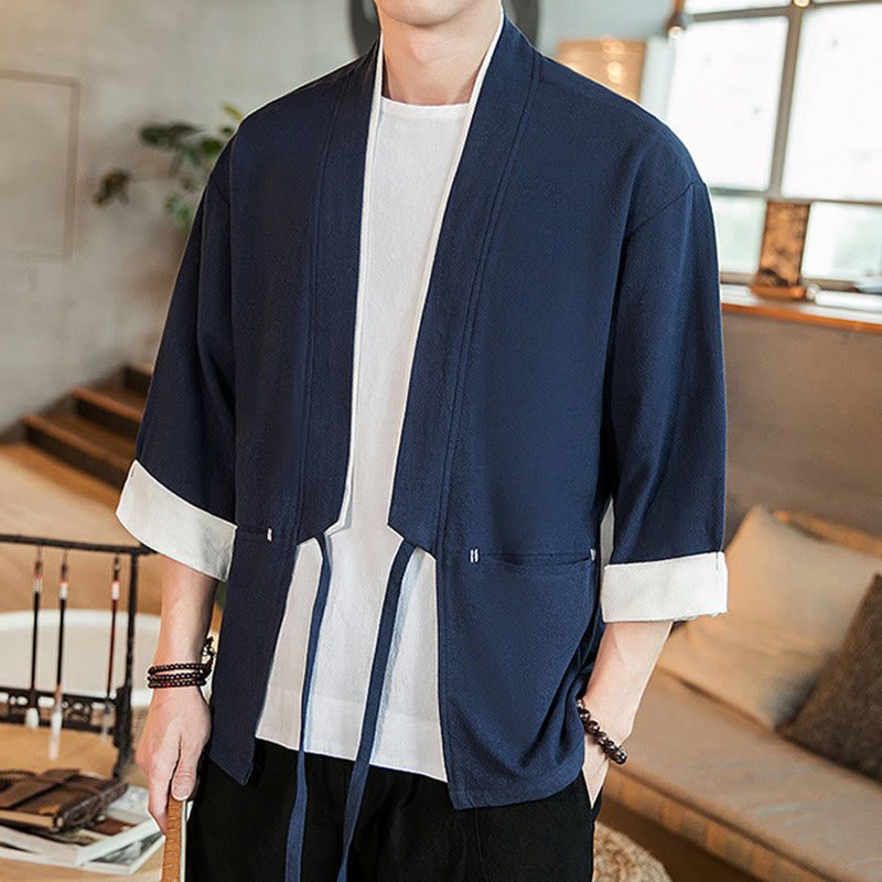 Veste kimono ouverte sur le devant en coton et lin avec poches et motif Buddha Stones