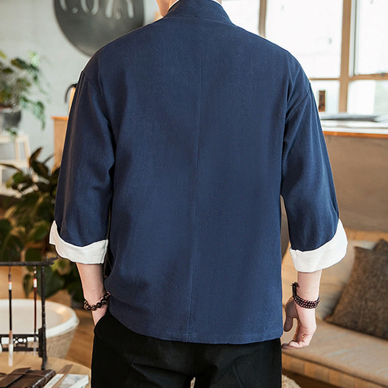 Veste kimono ouverte sur le devant en coton et lin avec poches et motif Buddha Stones