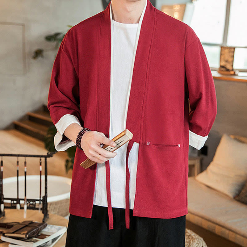 Veste kimono ouverte sur le devant en coton et lin avec poches et motif Buddha Stones