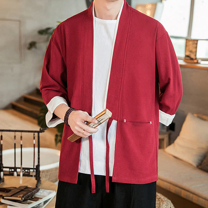 Veste kimono ouverte sur le devant en coton et lin avec poches et motif Buddha Stones