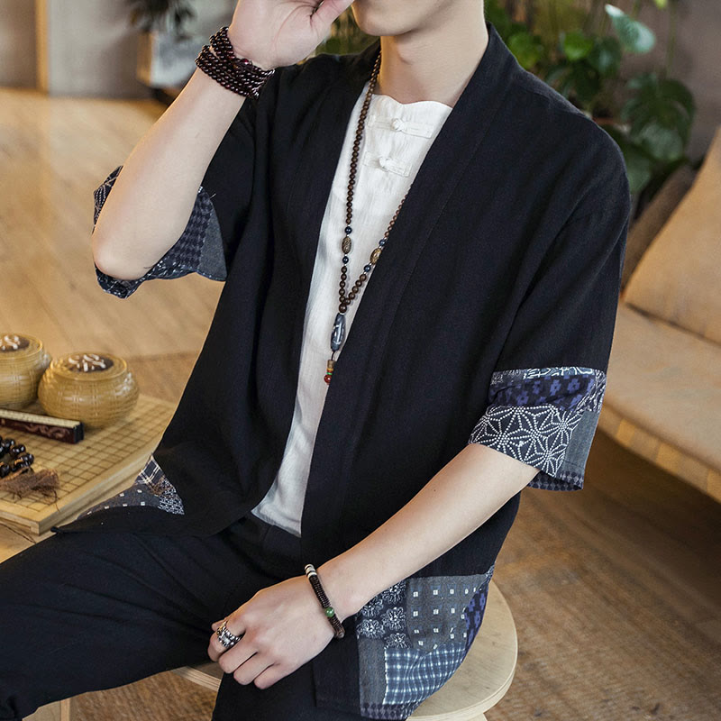 Veste ouverte sur le devant en coton et lin pour homme, kimono à imprimé ethnique patchwork avec Buddha Stones