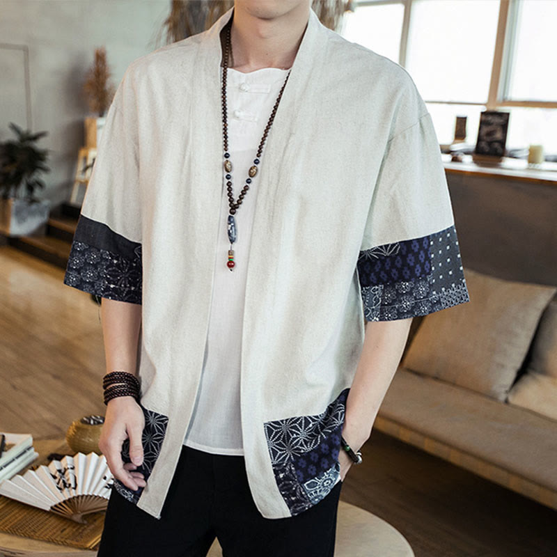 Veste ouverte sur le devant en coton et lin pour homme, kimono à imprimé ethnique patchwork avec Buddha Stones