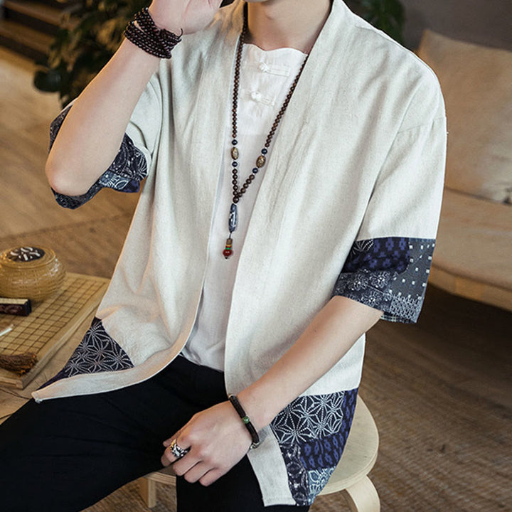 Veste ouverte sur le devant en coton et lin pour homme, kimono à imprimé ethnique patchwork avec Buddha Stones