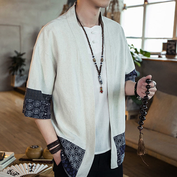 Veste ouverte sur le devant en coton et lin pour homme, kimono à imprimé ethnique patchwork avec Buddha Stones