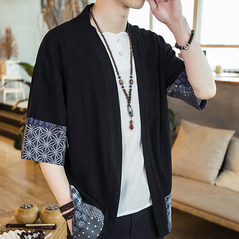 Veste ouverte sur le devant en coton et lin pour homme, kimono à imprimé ethnique patchwork avec Buddha Stones