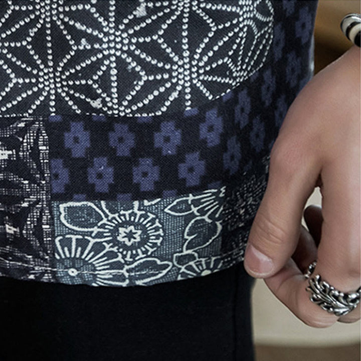 Veste kimono homme en coton et lin à manches mi-longues et patchwork à imprimé ethnique avec Buddha Stones - image 8