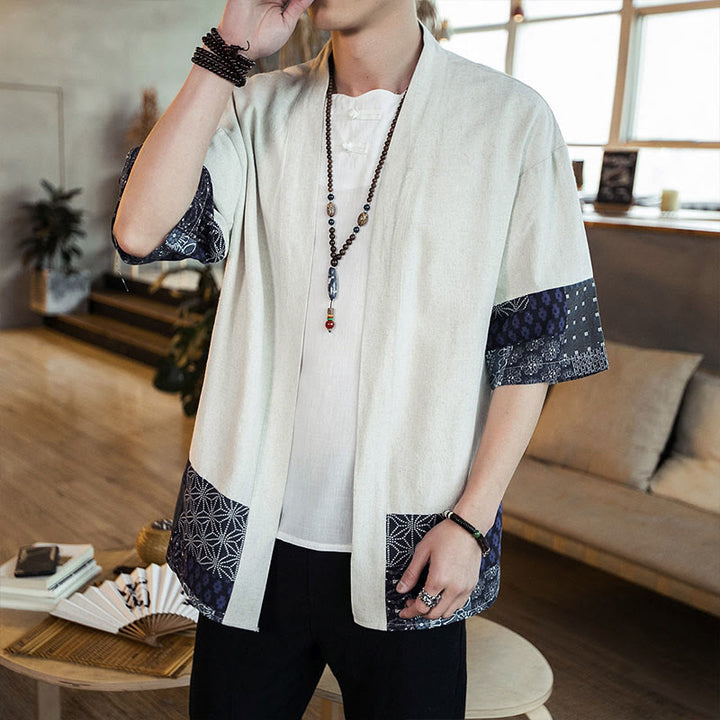 Veste ouverte sur le devant en coton et lin pour homme, kimono à imprimé ethnique patchwork avec Buddha Stones