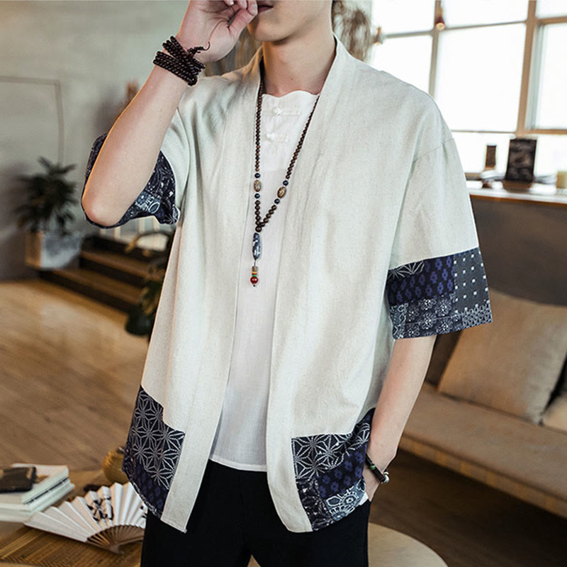 Veste ouverte sur le devant en coton et lin pour homme, kimono à imprimé ethnique patchwork avec Buddha Stones