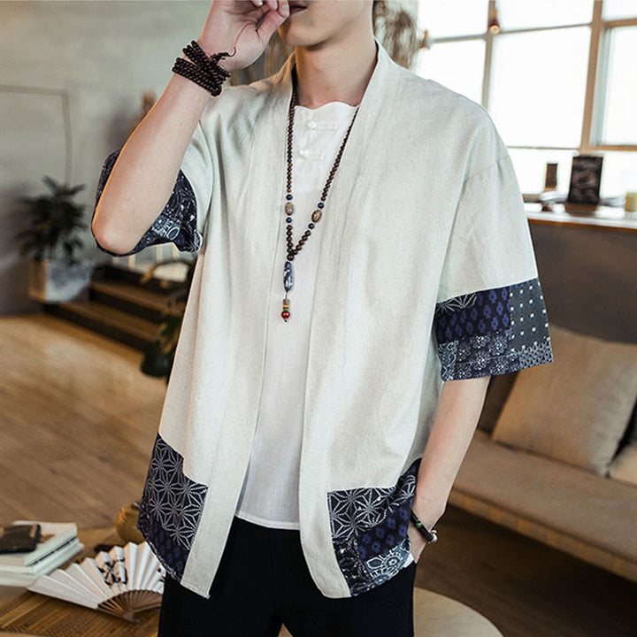 Veste ouverte sur le devant en coton et lin pour homme, kimono à imprimé ethnique patchwork avec Buddha Stones