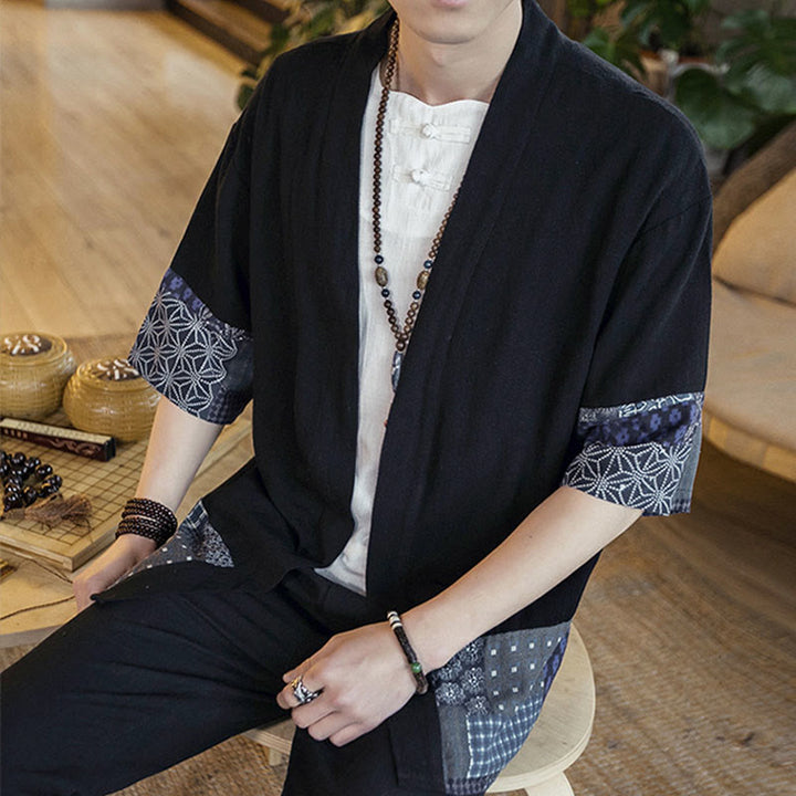 Veste ouverte sur le devant en coton et lin pour homme, kimono à imprimé ethnique patchwork avec Buddha Stones