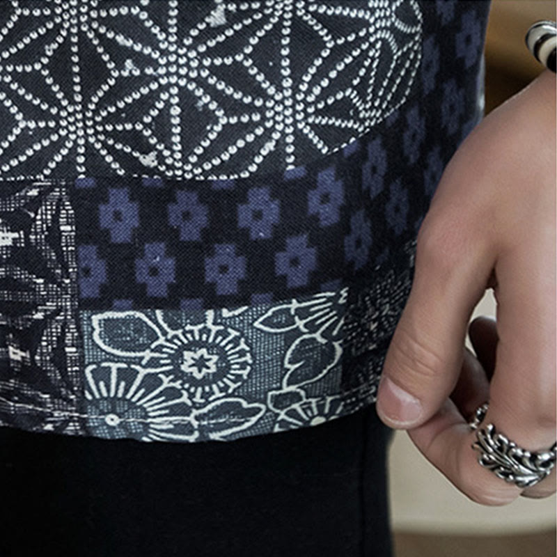 Veste ouverte sur le devant en coton et lin pour homme, kimono à imprimé ethnique patchwork avec Buddha Stones
