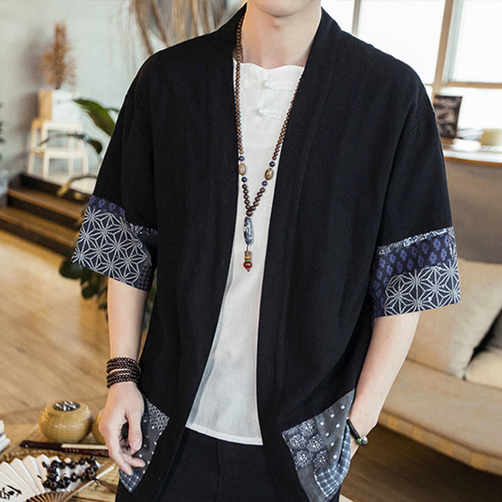 Veste ouverte sur le devant en coton et lin pour homme, kimono à imprimé ethnique patchwork avec Buddha Stones