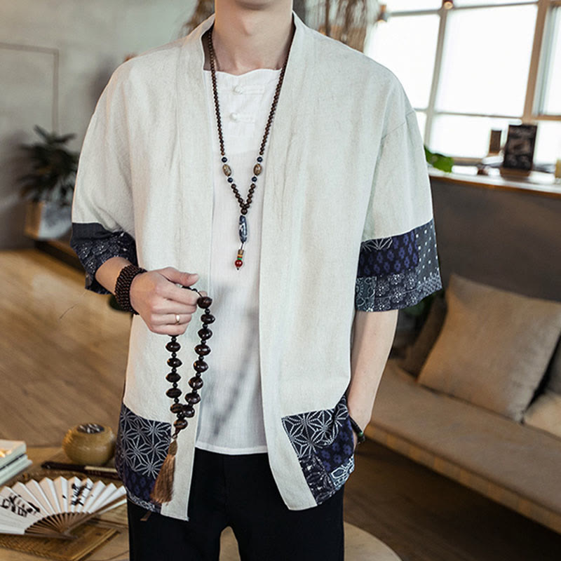 Veste ouverte sur le devant en coton et lin pour homme, kimono à imprimé ethnique patchwork avec Buddha Stones